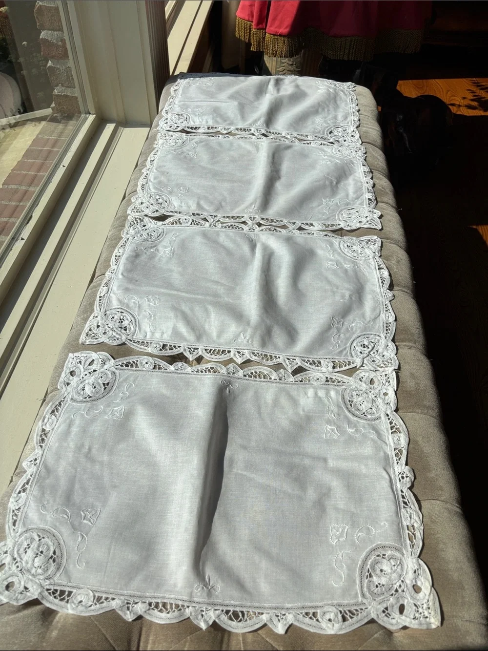 Battenburg, cotton and lace, placemats and napkins